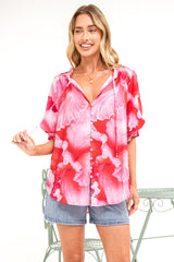 Acacia Blouse - Button Down Short Balloon Sleeve Shirt with Buttoned Cuffs in Greta Print