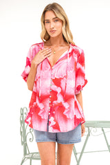 Acacia Blouse - Button Down Short Balloon Sleeve Shirt with Buttoned Cuffs in Greta Print
