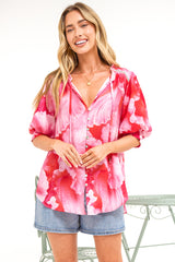 Acacia Blouse - Button Down Short Balloon Sleeve Shirt with Buttoned Cuffs in Greta Print