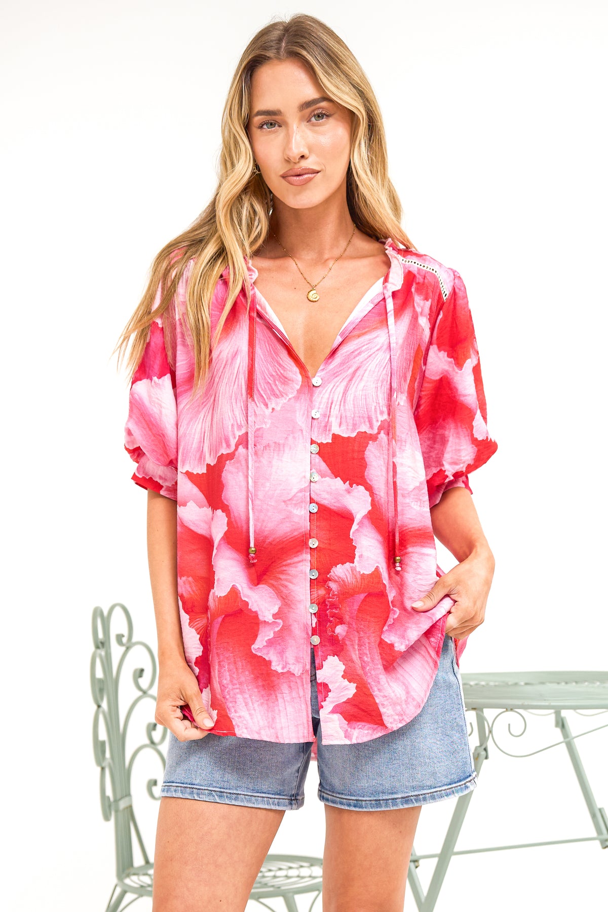 Acacia Blouse - Button Down Short Balloon Sleeve Shirt with Buttoned Cuffs in Greta Print