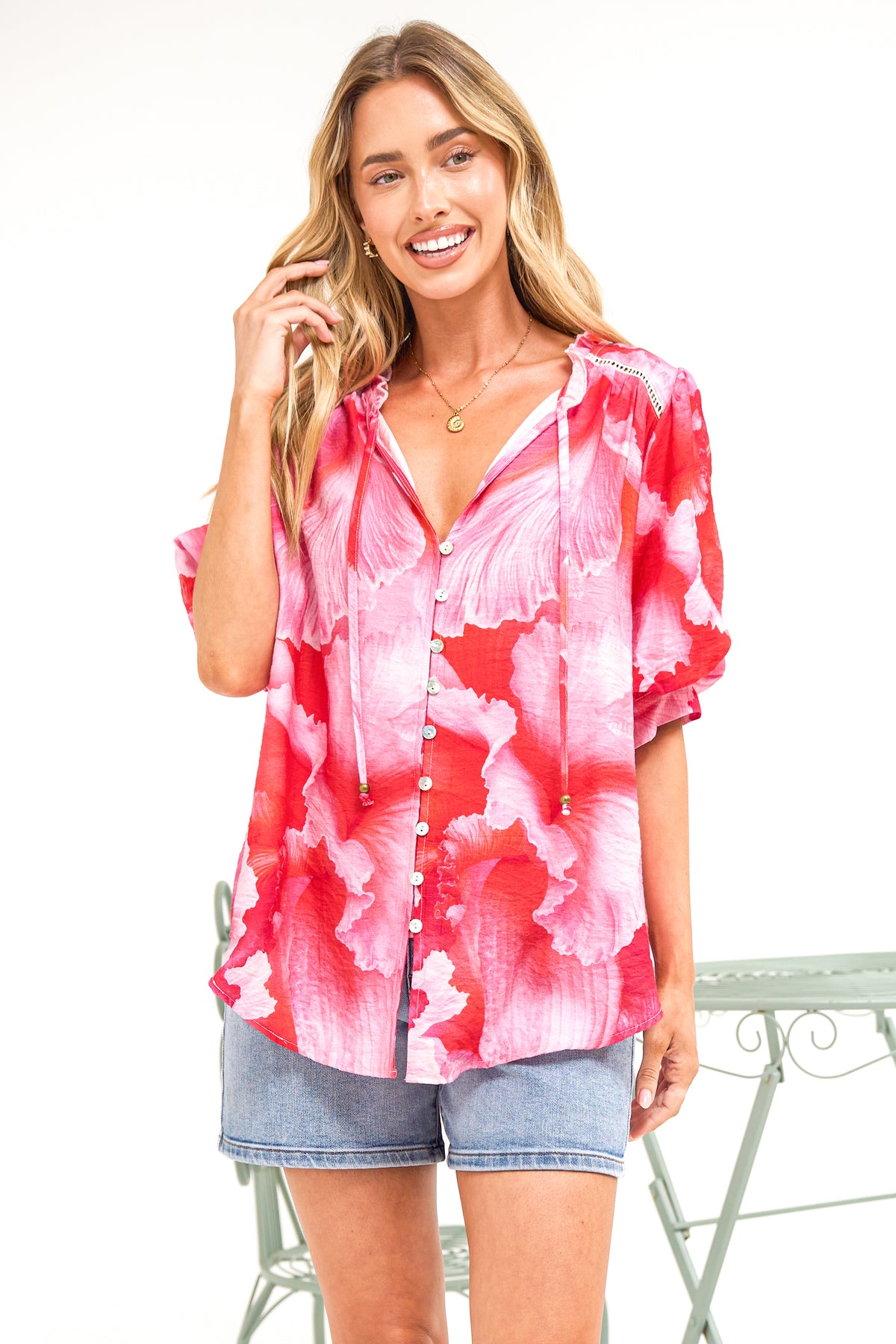 Acacia Blouse - Button Down Short Balloon Sleeve Shirt with Buttoned Cuffs in Greta Print