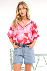 Acacia Blouse - Button Down Short Balloon Sleeve Shirt with Buttoned Cuffs in Greta Print