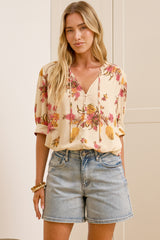 Acacia Blouse - Button Down Short Balloon Sleeve Shirt with Buttoned Cuffs in Mirjana Print Cream