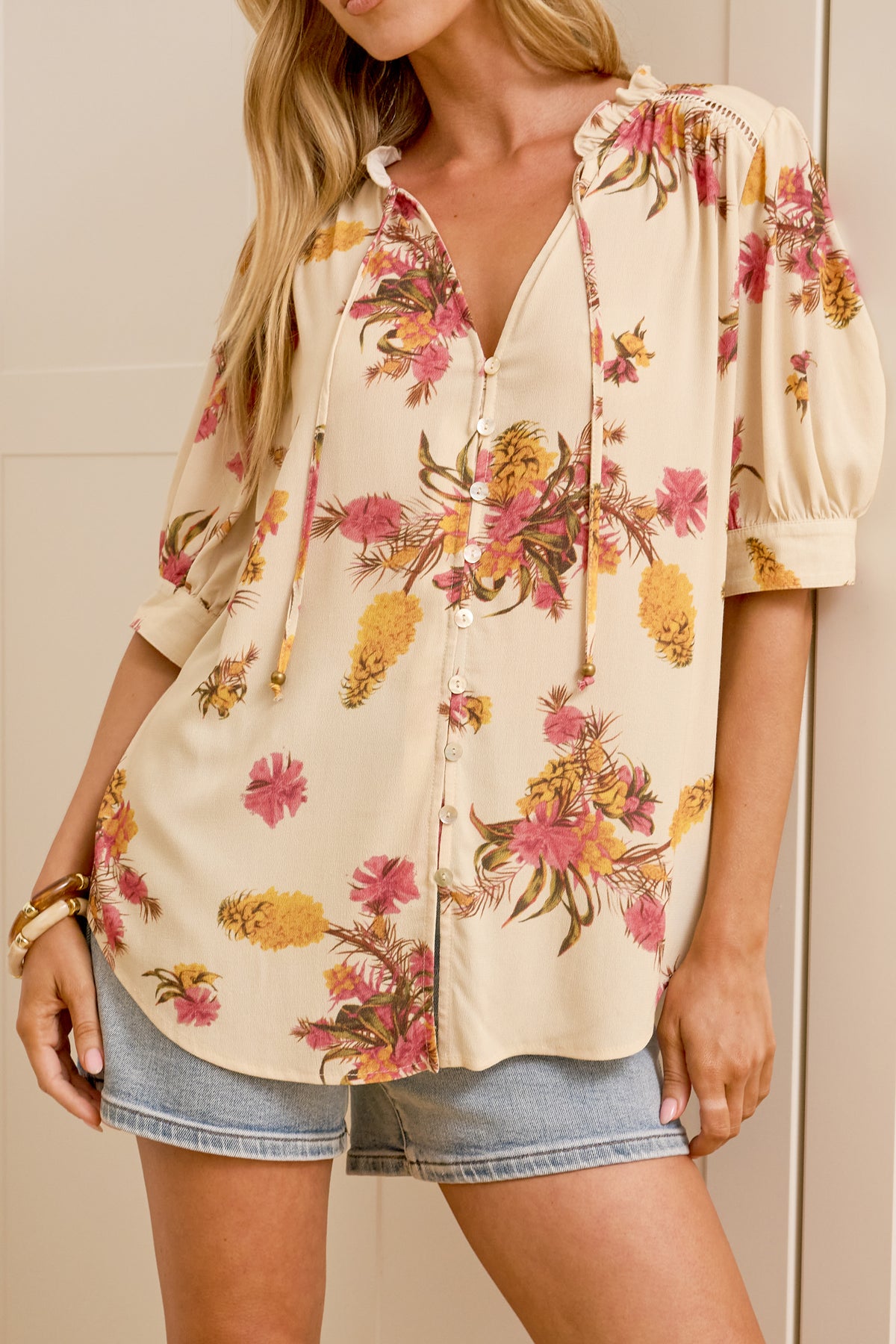 Acacia Blouse - Button Down Short Balloon Sleeve Shirt with Buttoned Cuffs in Mirjana Print Cream
