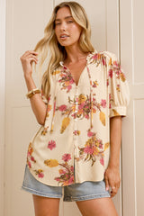 Acacia Blouse - Button Down Short Balloon Sleeve Shirt with Buttoned Cuffs in Mirjana Print Cream