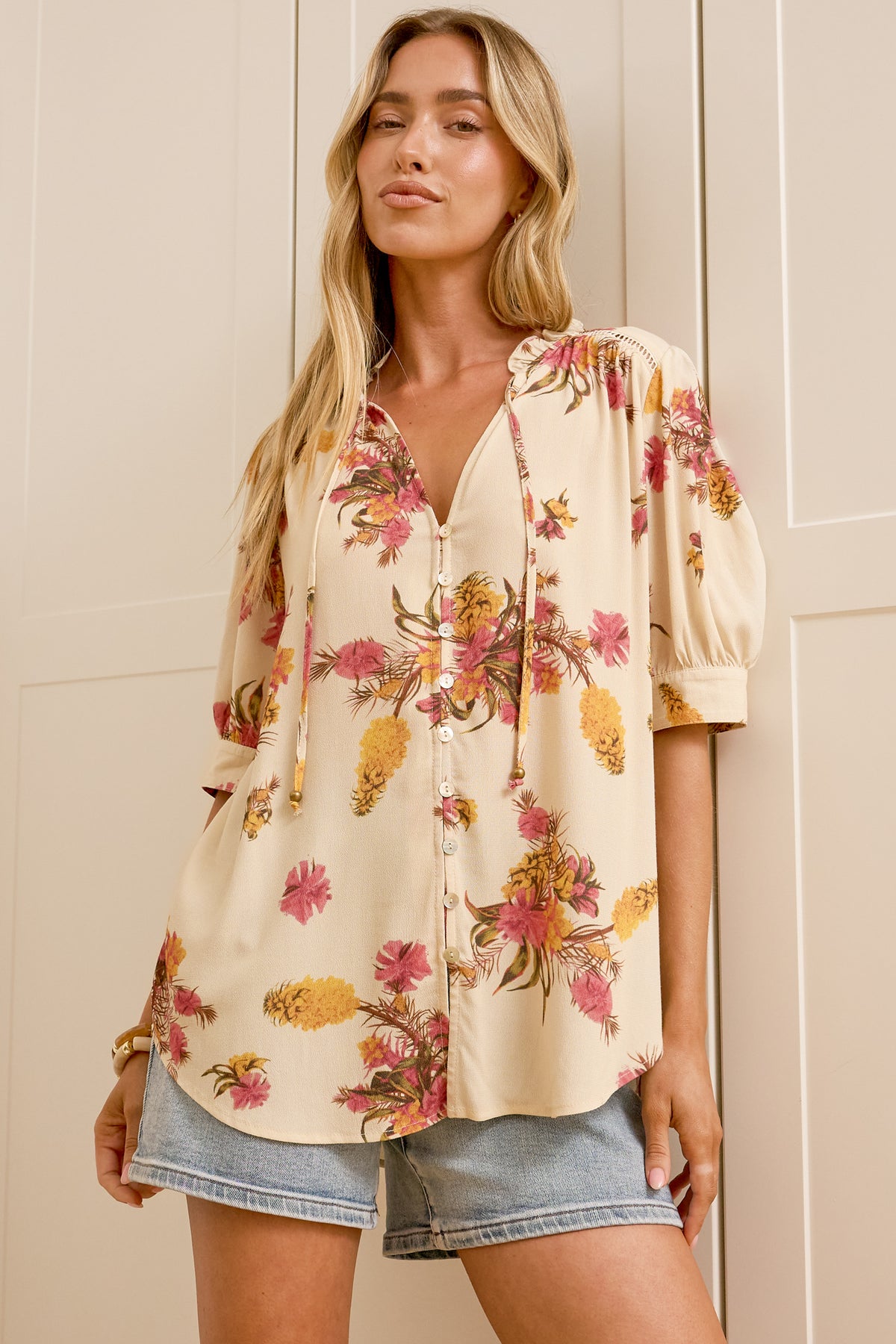Acacia Blouse - Button Down Short Balloon Sleeve Shirt with Buttoned Cuffs in Mirjana Print Cream