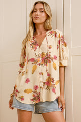 Acacia Blouse - Button Down Short Balloon Sleeve Shirt with Buttoned Cuffs in Mirjana Print Cream