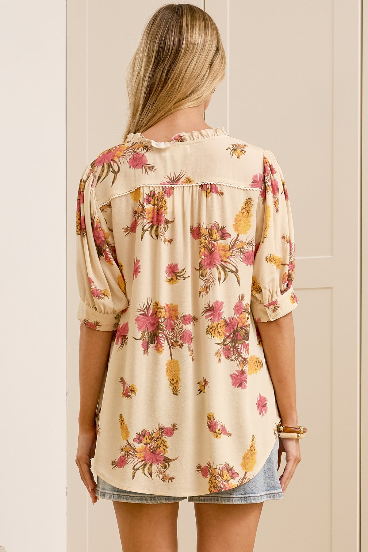 Acacia Blouse - Button Down Short Balloon Sleeve Shirt with Buttoned Cuffs in Mirjana Print Cream