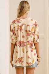 Acacia Blouse - Button Down Short Balloon Sleeve Shirt with Buttoned Cuffs in Mirjana Print Cream