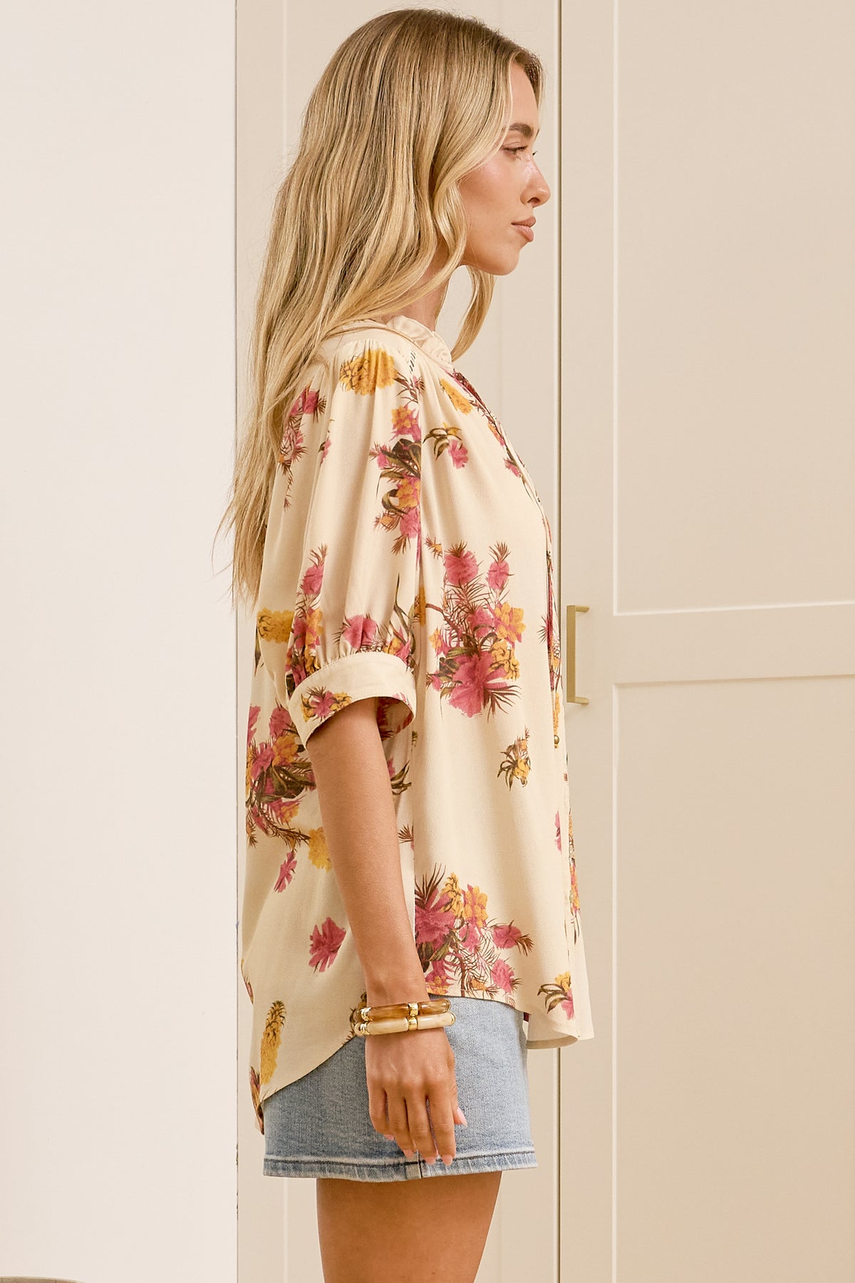 Acacia Blouse - Button Down Short Balloon Sleeve Shirt with Buttoned Cuffs in Mirjana Print Cream