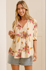 Acacia Blouse - Button Down Short Balloon Sleeve Shirt with Buttoned Cuffs in Mirjana Print Cream