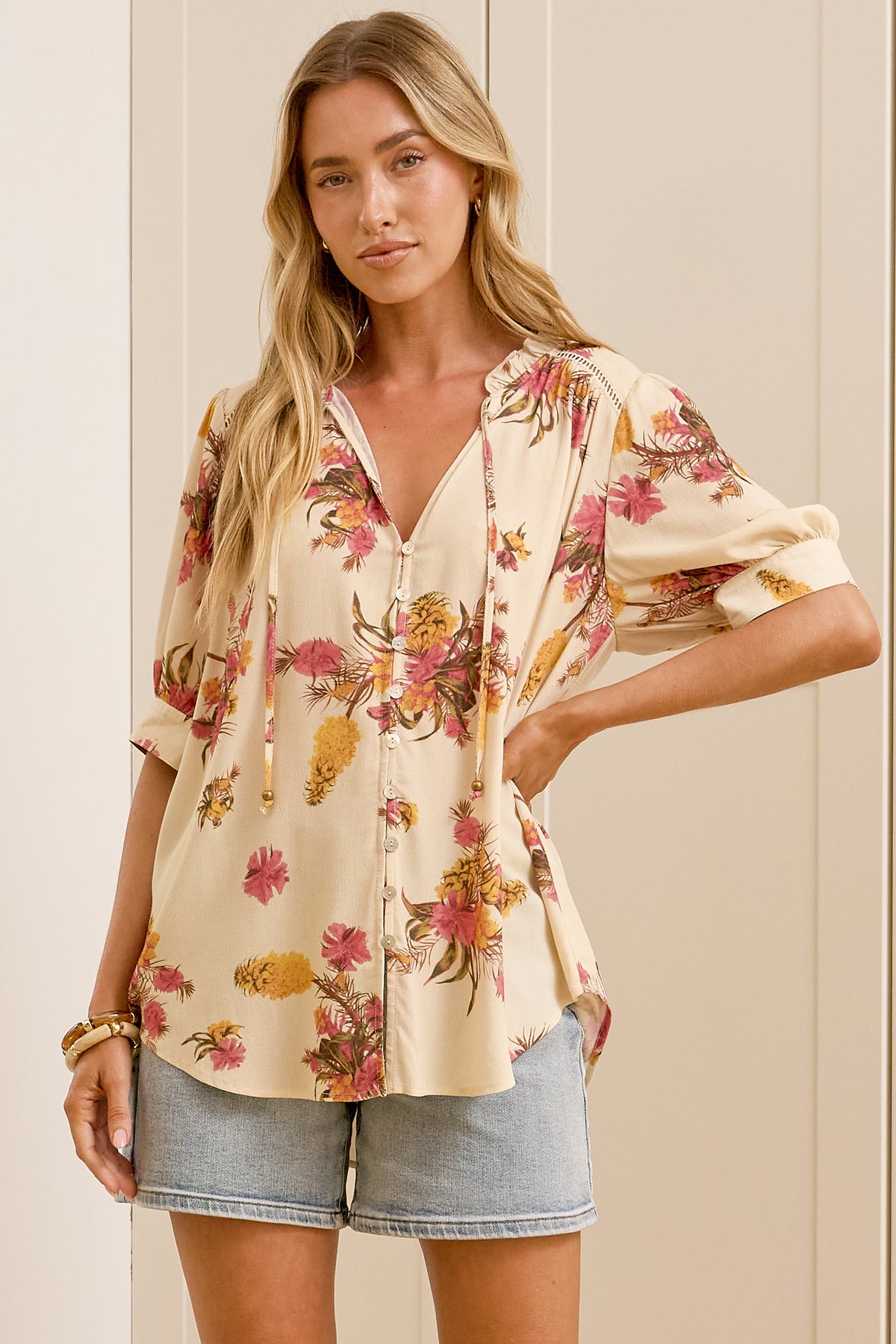 Acacia Blouse - Button Down Short Balloon Sleeve Shirt with Buttoned Cuffs in Mirjana Print Cream