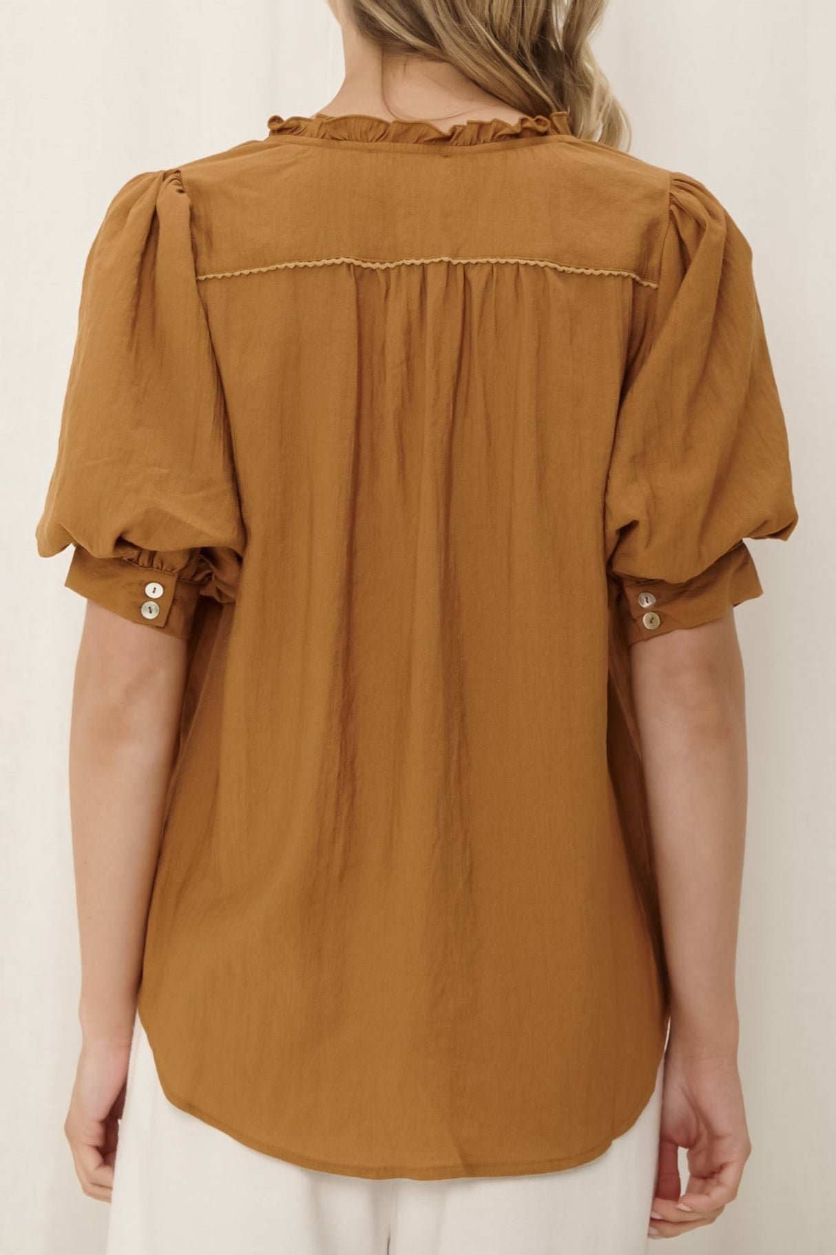 Acacia Blouse - Button Down Short Balloon Sleeve Blouse with Buttoned Cuffs in Tan