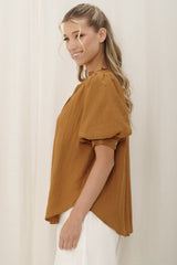 Acacia Blouse - Button Down Short Balloon Sleeve Blouse with Buttoned Cuffs in Tan