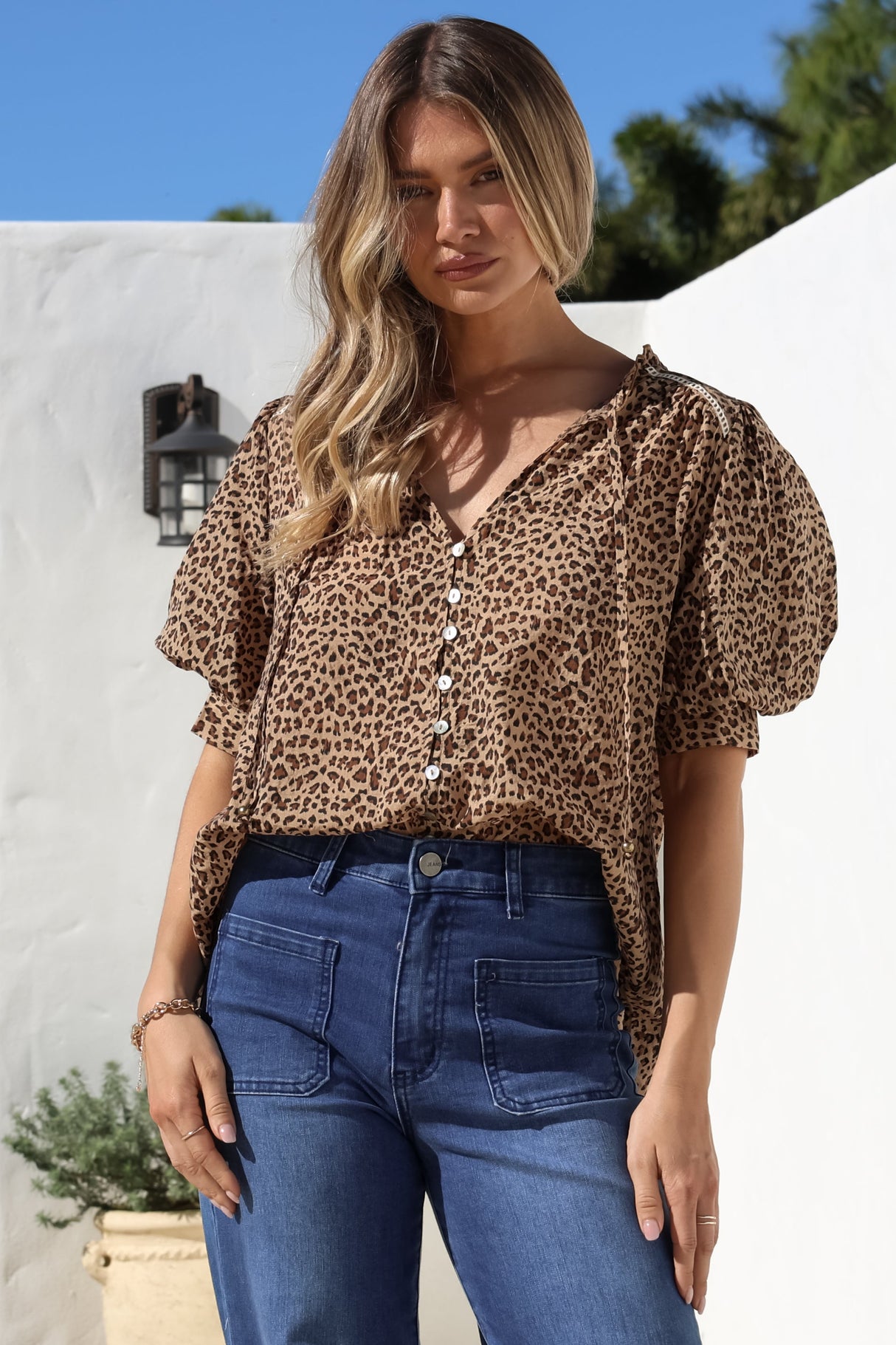 Acacia Blouse - Button Down Short Balloon Sleeve Shirt with Buttoned Cuffs in Wyatt Print