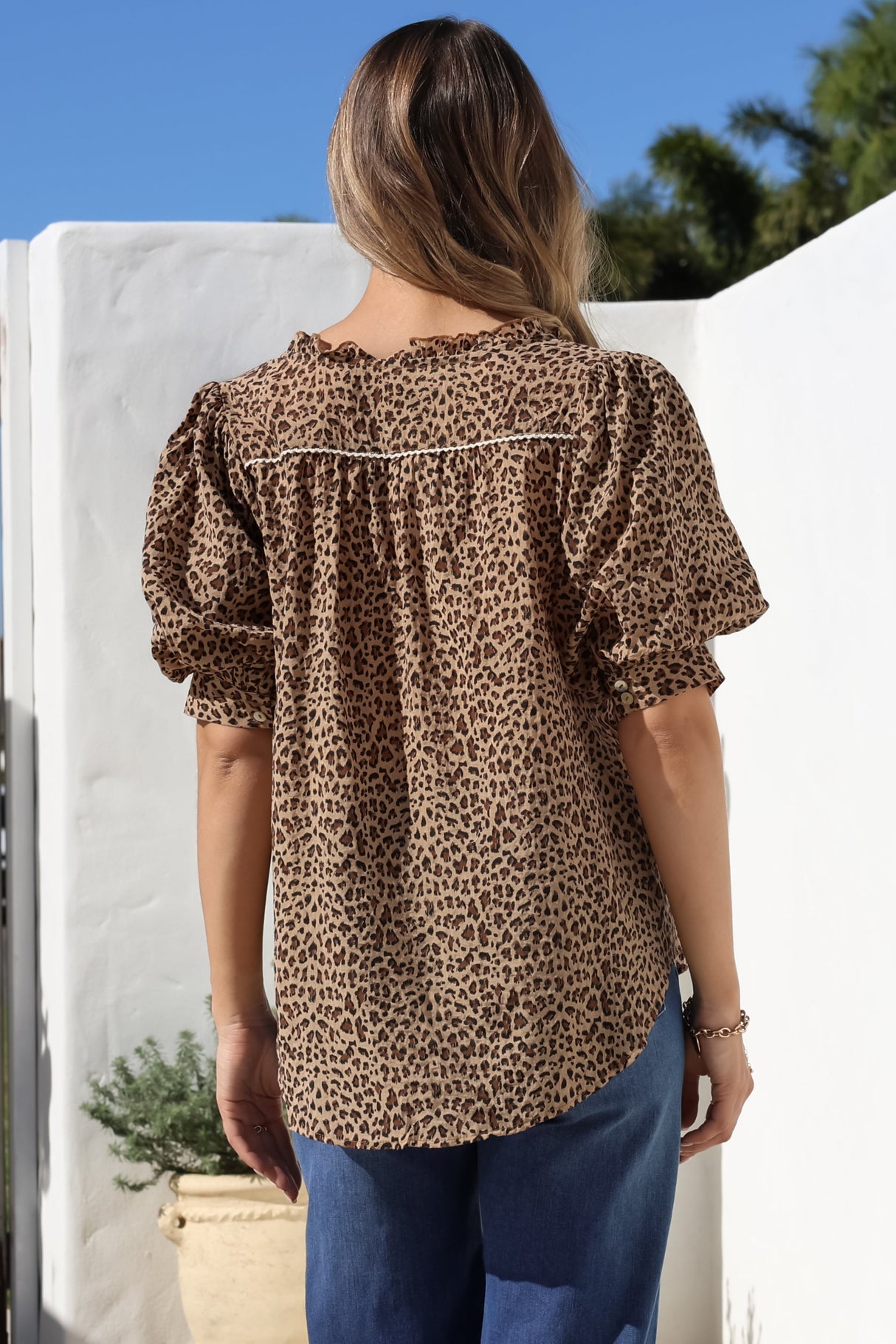 Acacia Blouse - Button Down Short Balloon Sleeve Shirt with Buttoned Cuffs in Wyatt Print