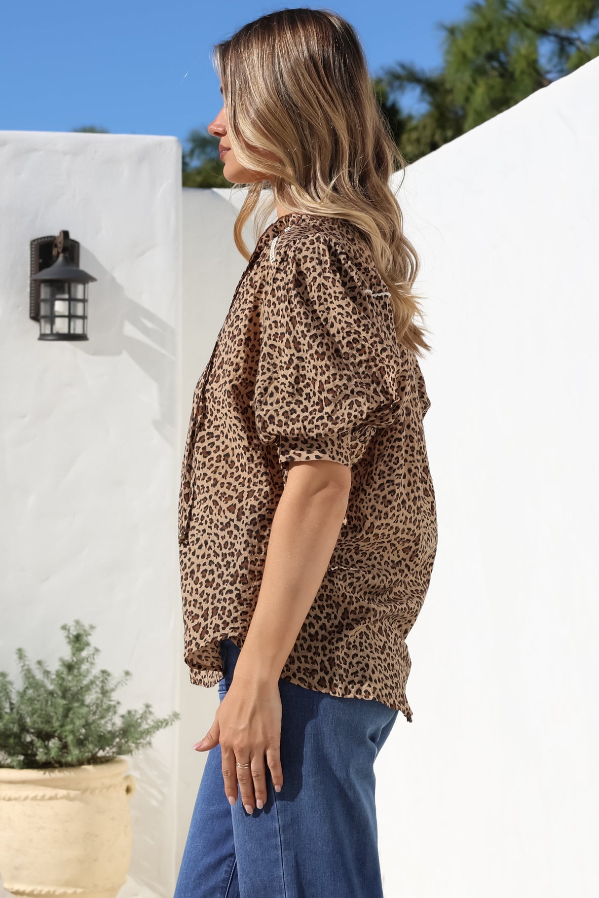 Acacia Blouse - Button Down Short Balloon Sleeve Shirt with Buttoned Cuffs in Wyatt Print
