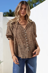 Acacia Blouse - Button Down Short Balloon Sleeve Shirt with Buttoned Cuffs in Wyatt Print