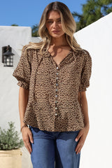 Acacia Blouse - Button Down Short Balloon Sleeve Shirt with Buttoned Cuffs in Wyatt Print