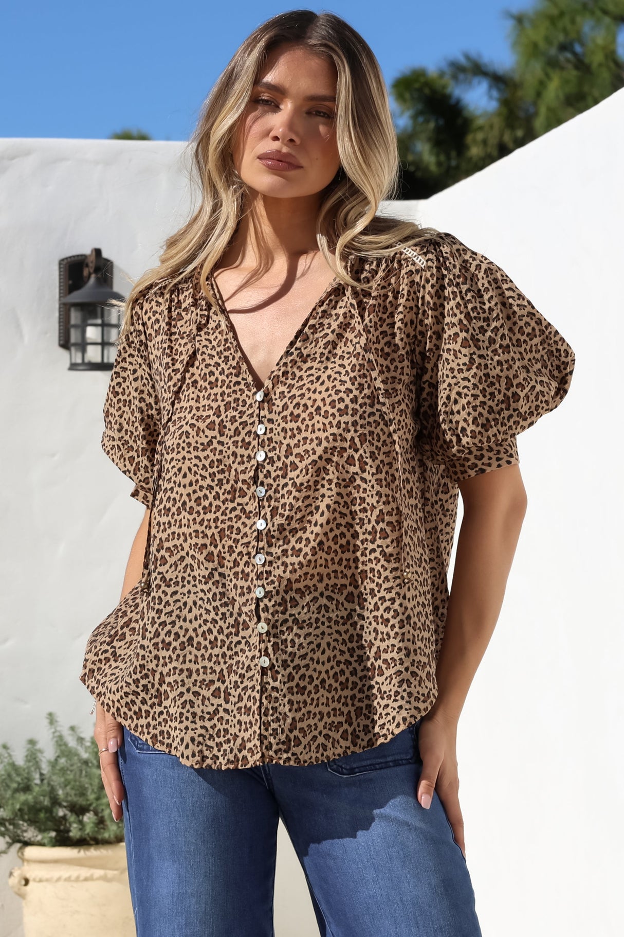 Acacia Blouse - Button Down Short Balloon Sleeve Shirt with Buttoned Cuffs in Wyatt Print