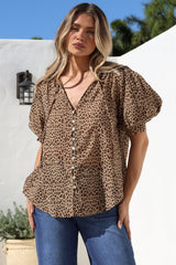 Acacia Blouse - Button Down Short Balloon Sleeve Shirt with Buttoned Cuffs in Wyatt Print