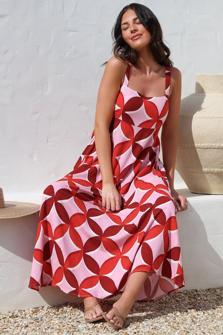 Acacia Maxi Dress - Square Neckline Thick Adjustable Strap Sun Dress in Bambina Print