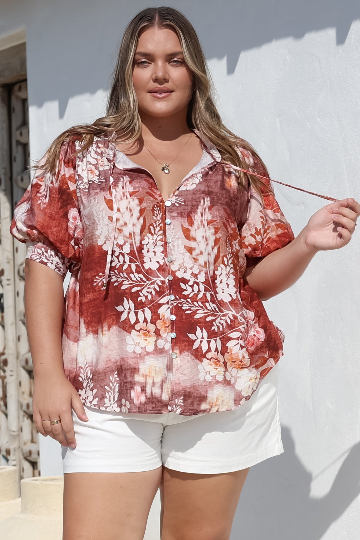 Acacia Blouse - Button Down Short Balloon Sleeve Shirt with Buttoned Cuffs in Ashara Print