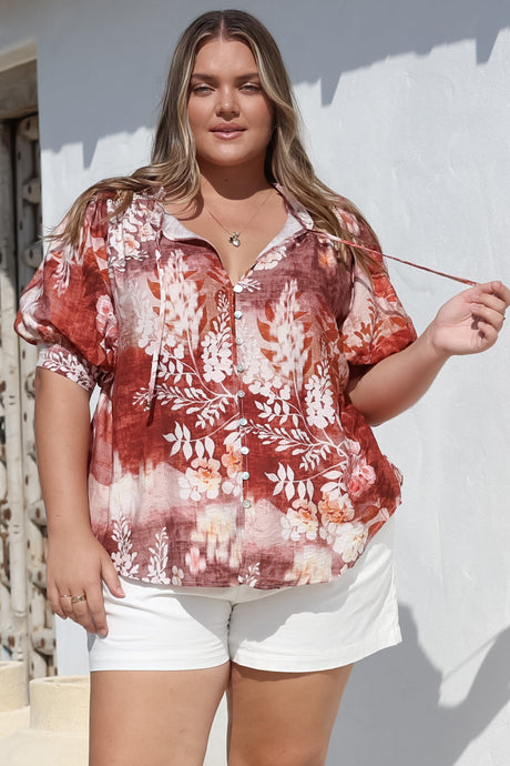 Acacia Blouse - Button Down Short Balloon Sleeve Shirt with Buttoned Cuffs in Ashara Print