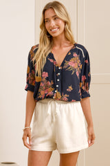 Acacia Blouse - Button Down Short Balloon Sleeve Shirt with Buttoned Cuffs in Mirjana Print Navy