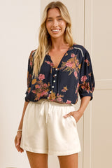 Acacia Blouse - Button Down Short Balloon Sleeve Shirt with Buttoned Cuffs in Mirjana Print Navy
