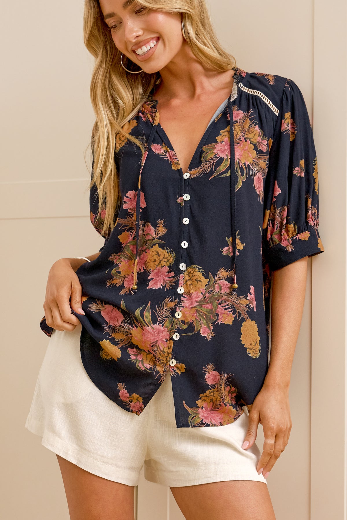 Acacia Blouse - Button Down Short Balloon Sleeve Shirt with Buttoned Cuffs in Mirjana Print Navy