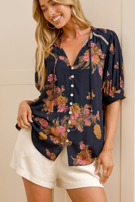 Acacia Blouse - Button Down Short Balloon Sleeve Shirt with Buttoned Cuffs in Mirjana Print Navy