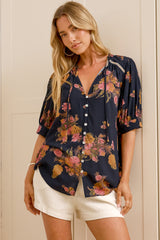 Acacia Blouse - Button Down Short Balloon Sleeve Shirt with Buttoned Cuffs in Mirjana Print Navy