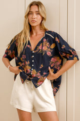 Acacia Blouse - Button Down Short Balloon Sleeve Shirt with Buttoned Cuffs in Mirjana Print Navy