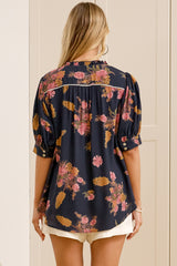 Acacia Blouse - Button Down Short Balloon Sleeve Shirt with Buttoned Cuffs in Mirjana Print Navy