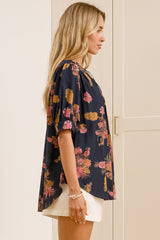 Acacia Blouse - Button Down Short Balloon Sleeve Shirt with Buttoned Cuffs in Mirjana Print Navy