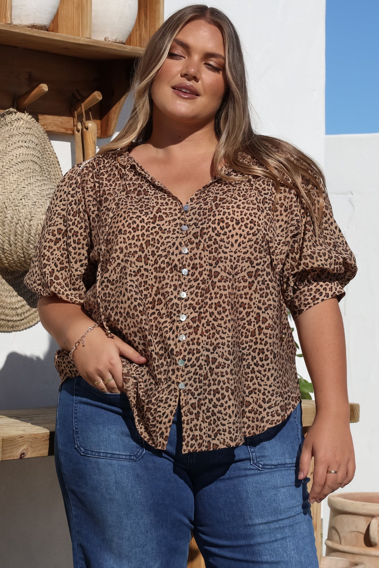 Acacia Blouse - Button Down Short Balloon Sleeve Shirt with Buttoned Cuffs in Wyatt Print