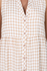 Acelle Midi Dress - Sleeveless Bermuda Collar Button Down Gingham Dress in Beige