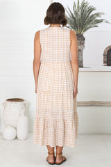 Acelle Midi Dress - Sleeveless Bermuda Collar Button Down Gingham Dress in Beige