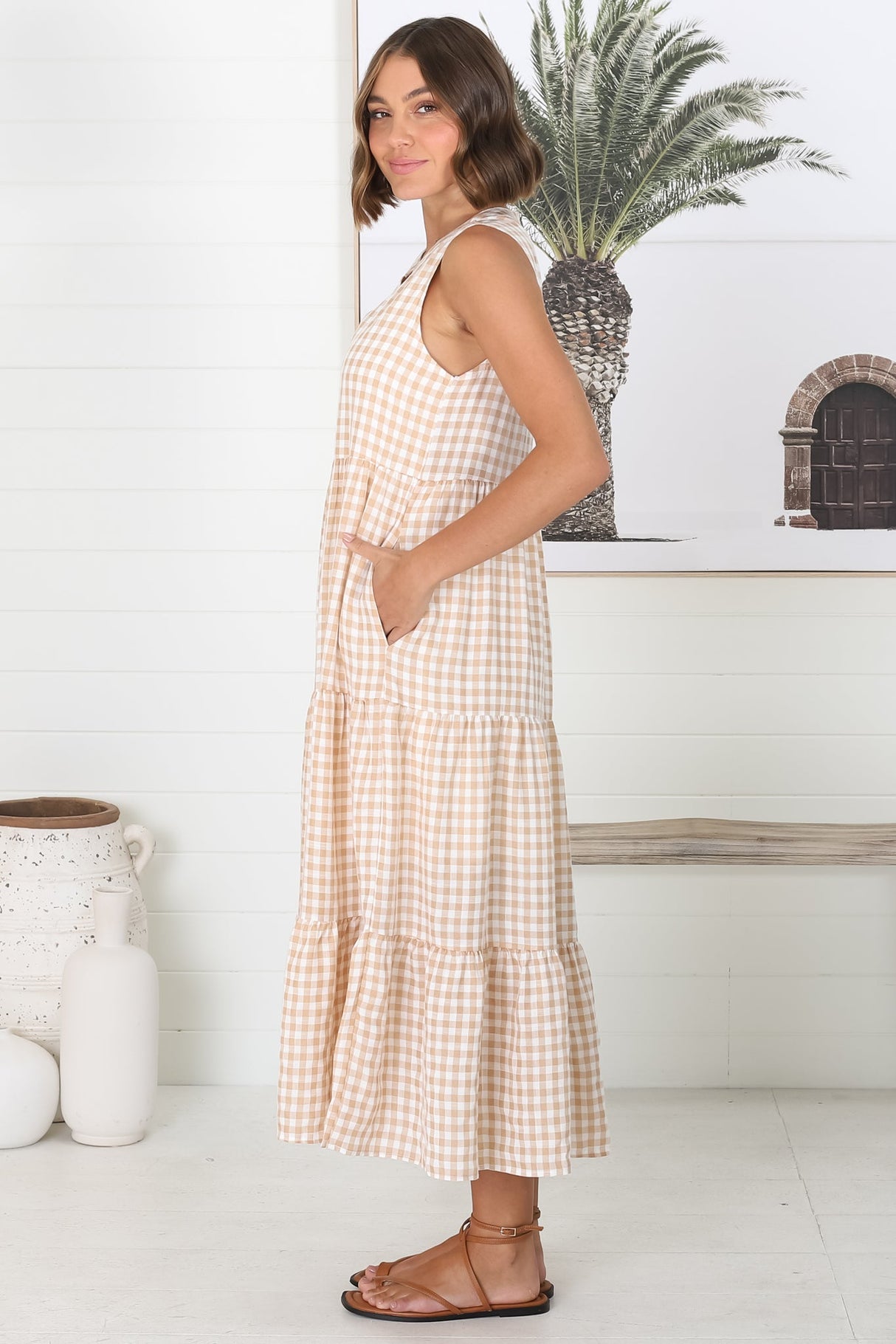 Acelle Midi Dress - Sleeveless Bermuda Collar Button Down Gingham Dress in Beige