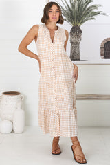Acelle Midi Dress - Sleeveless Bermuda Collar Button Down Gingham Dress in Beige