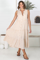 Acelle Midi Dress - Sleeveless Bermuda Collar Button Down Gingham Dress in Beige
