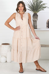 Acelle Midi Dress - Sleeveless Bermuda Collar Button Down Gingham Dress in Beige