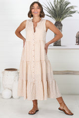 Acelle Midi Dress - Sleeveless Bermuda Collar Button Down Gingham Dress in Beige