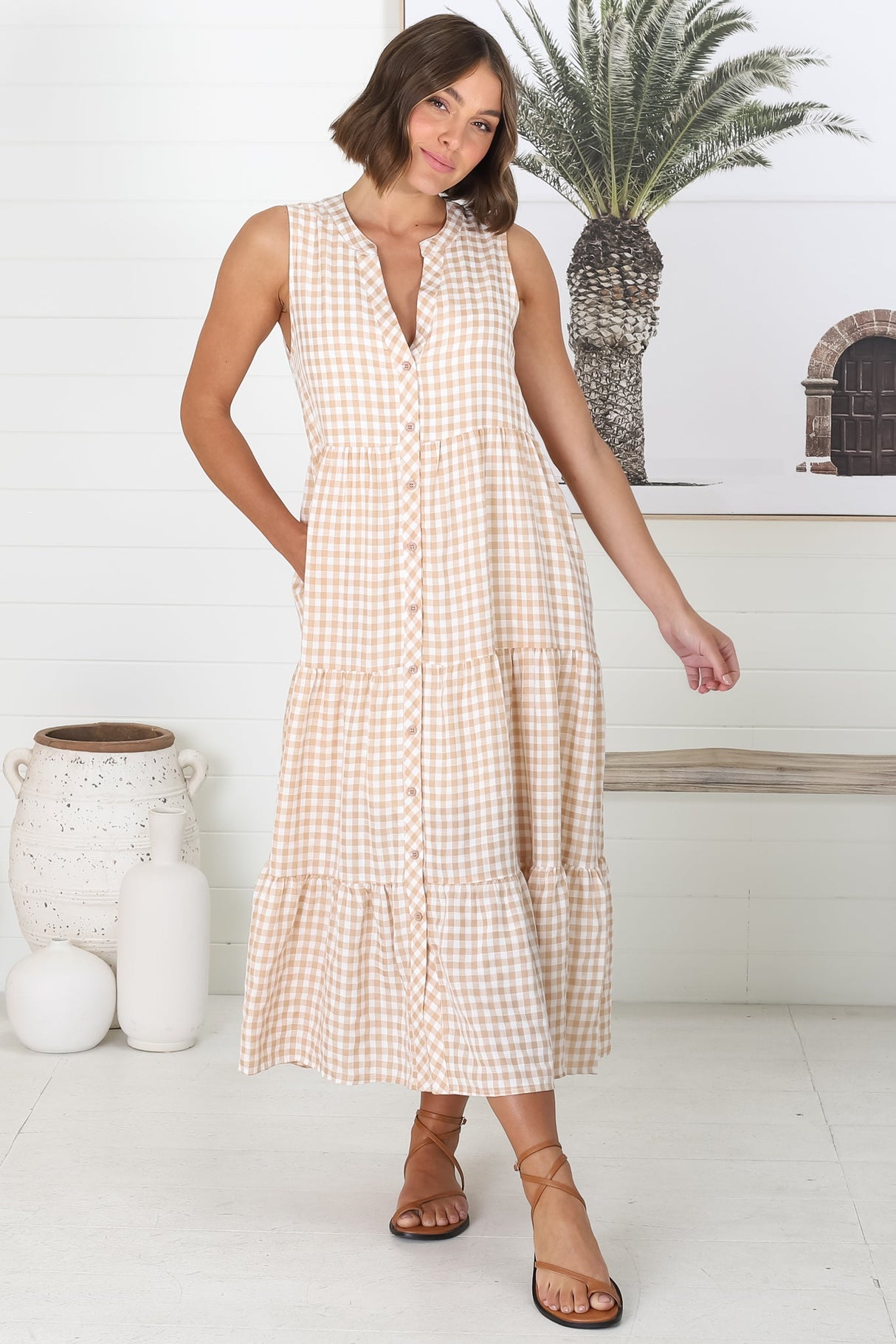 Acelle Midi Dress - Sleeveless Bermuda Collar Button Down Gingham Dress in Beige