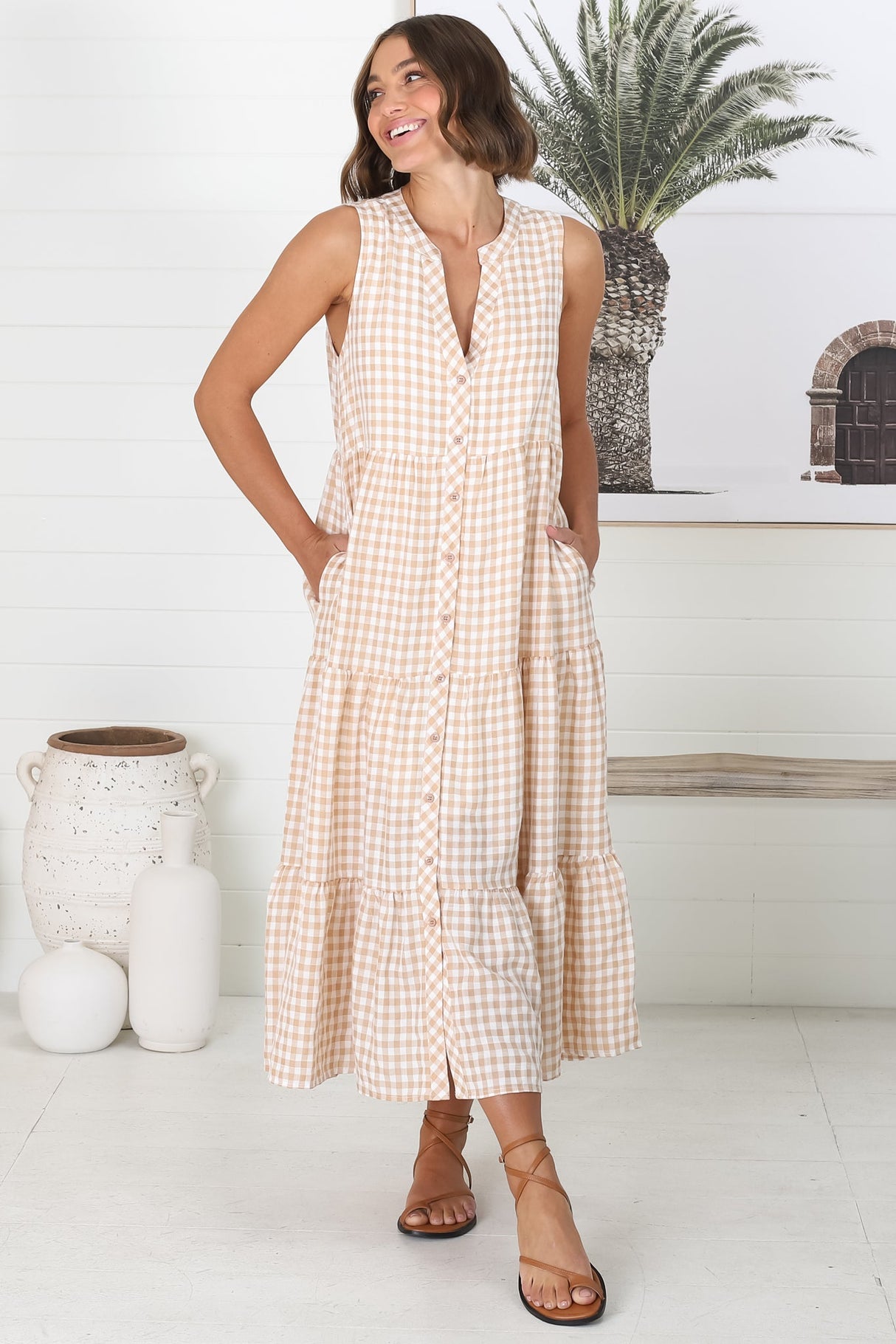 Acelle Midi Dress - Sleeveless Bermuda Collar Button Down Gingham Dress in Beige