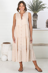 Acelle Midi Dress - Sleeveless Bermuda Collar Button Down Gingham Dress in Beige