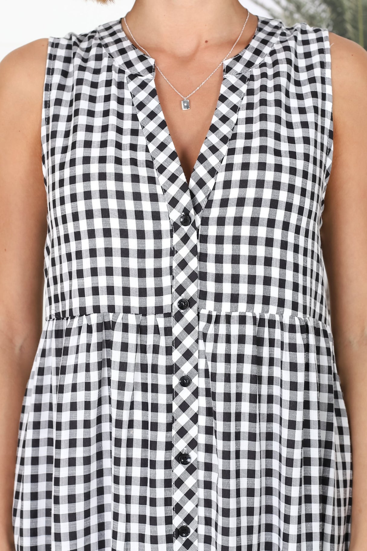 Acelle Midi Dress - Sleeveless Bermuda Collar Button Down Gingham Dress in Black