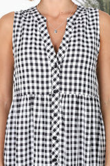 Acelle Midi Dress - Sleeveless Bermuda Collar Button Down Gingham Dress in Black