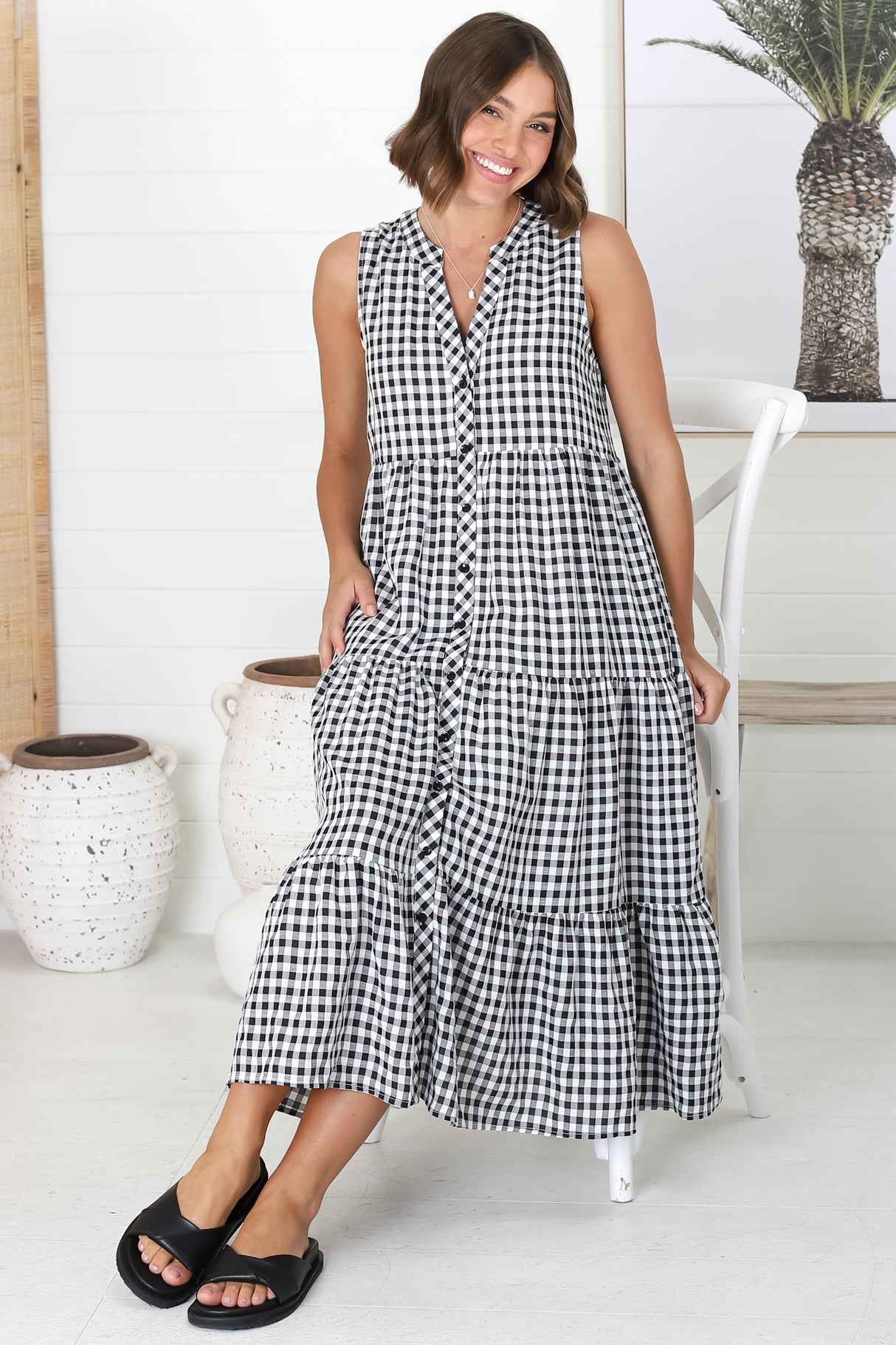 Acelle Midi Dress - Sleeveless Bermuda Collar Button Down Gingham Dress in Black